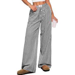 imageANRABESS Womens Striped Gingham Pants 2025 Pajama Lounge Boxer Pants Cute PJ Bottoms Casual Wide Leg Trousers with PocketsBlack White Plaid