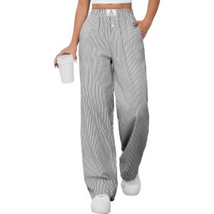 imageANRABESS Womens Striped Gingham Pants 2025 Pajama Lounge Boxer Pants Cute PJ Bottoms Casual Wide Leg Trousers with PocketsBlack White Stripe