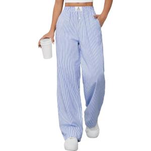imageANRABESS Womens Striped Gingham Pants 2025 Pajama Lounge Boxer Pants Cute PJ Bottoms Casual Wide Leg Trousers with PocketsBlue White Stripe