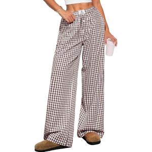 imageANRABESS Womens Striped Gingham Pants 2025 Pajama Lounge Boxer Pants Cute PJ Bottoms Casual Wide Leg Trousers with PocketsBrown White Plaid