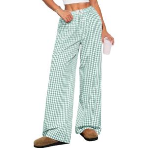 imageANRABESS Womens Striped Gingham Pants 2025 Pajama Lounge Boxer Pants Cute PJ Bottoms Casual Wide Leg Trousers with PocketsGreen White Plaid