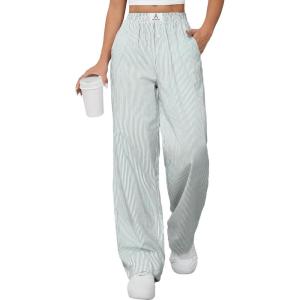 imageANRABESS Womens Striped Gingham Pants 2025 Pajama Lounge Boxer Pants Cute PJ Bottoms Casual Wide Leg Trousers with PocketsGreen White Stripe