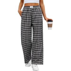 imageANRABESS Womens Striped Gingham Pants 2025 Pajama Lounge Boxer Pants Cute PJ Bottoms Casual Wide Leg Trousers with PocketsMulti Black Plaid