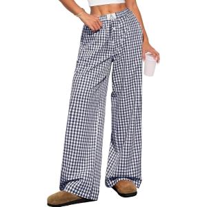 imageANRABESS Womens Striped Gingham Pants 2025 Pajama Lounge Boxer Pants Cute PJ Bottoms Casual Wide Leg Trousers with PocketsNavy Blue White Plaid
