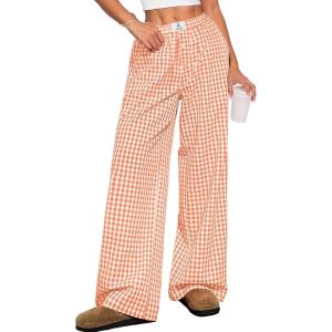 imageANRABESS Womens Striped Gingham Pants 2025 Pajama Lounge Boxer Pants Cute PJ Bottoms Casual Wide Leg Trousers with PocketsOrange White Plaid