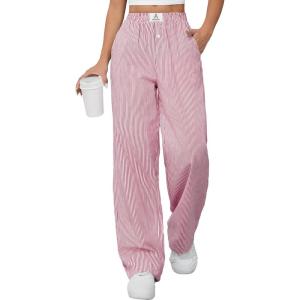 imageANRABESS Womens Striped Gingham Pants 2025 Pajama Lounge Boxer Pants Cute PJ Bottoms Casual Wide Leg Trousers with PocketsRed White Stripe