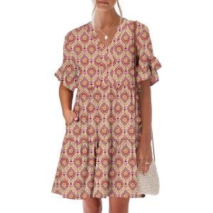 imageANRABESS Womens Summer 2025 Trendy Ruffle Short Sleeve V Neck A Line Tiered Flowy Loose Casual Mini Beach Dress with PocketsApricot Red Floral