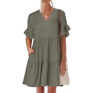 imageANRABESS Womens Summer 2025 Trendy Ruffle Short Sleeve V Neck A Line Tiered Flowy Loose Casual Mini Beach Dress with PocketsArmy Green