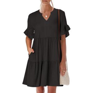 imageANRABESS Womens Summer 2025 Trendy Ruffle Short Sleeve V Neck A Line Tiered Flowy Loose Casual Mini Beach Dress with PocketsBlack