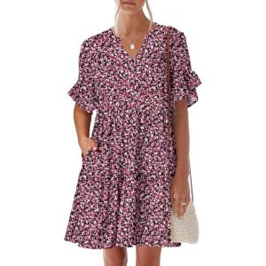 imageANRABESS Womens Summer 2025 Trendy Ruffle Short Sleeve V Neck A Line Tiered Flowy Loose Casual Mini Beach Dress with PocketsBlack Pink Floral