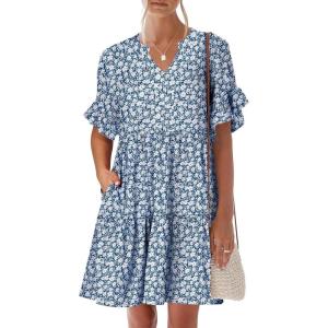 imageANRABESS Womens Summer 2025 Trendy Ruffle Short Sleeve V Neck A Line Tiered Flowy Loose Casual Mini Beach Dress with PocketsBlue White Floral