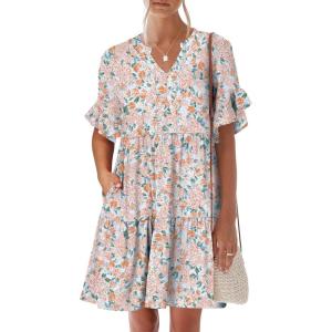 imageANRABESS Womens Summer 2025 Trendy Ruffle Short Sleeve V Neck A Line Tiered Flowy Loose Casual Mini Beach Dress with PocketsCoral Floral