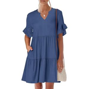 imageANRABESS Womens Summer 2025 Trendy Ruffle Short Sleeve V Neck A Line Tiered Flowy Loose Casual Mini Beach Dress with PocketsDeep Blue