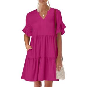 imageANRABESS Womens Summer 2025 Trendy Ruffle Short Sleeve V Neck A Line Tiered Flowy Loose Casual Mini Beach Dress with PocketsHot Pink