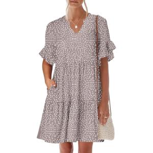 imageANRABESS Womens Summer 2025 Trendy Ruffle Short Sleeve V Neck A Line Tiered Flowy Loose Casual Mini Beach Dress with PocketsKhaki Polka Dot