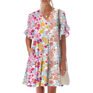 imageANRABESS Womens Summer 2025 Trendy Ruffle Short Sleeve V Neck A Line Tiered Flowy Loose Casual Mini Beach Dress with PocketsMulticolour Floral