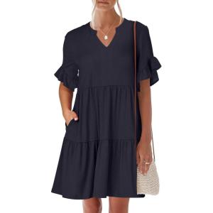 imageANRABESS Womens Summer 2025 Trendy Ruffle Short Sleeve V Neck A Line Tiered Flowy Loose Casual Mini Beach Dress with PocketsNavy Blue