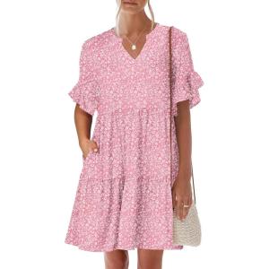 imageANRABESS Womens Summer 2025 Trendy Ruffle Short Sleeve V Neck A Line Tiered Flowy Loose Casual Mini Beach Dress with PocketsPink Floral