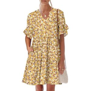 imageANRABESS Womens Summer 2025 Trendy Ruffle Short Sleeve V Neck A Line Tiered Flowy Loose Casual Mini Beach Dress with PocketsYellow Red White Floral