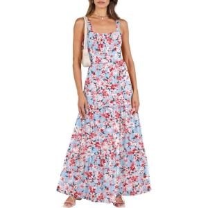 imageANRABESS Womens Summer Casual Long Maxi Beach Vacation Dresses Sleeveless Square Neck Flowy Tiered Sun Dress with PocketsBlue Pink Floral