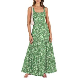 imageANRABESS Womens Summer Casual Long Maxi Beach Vacation Dresses Sleeveless Square Neck Flowy Tiered Sun Dress with PocketsGreen White Point
