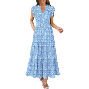 imageANRABESS Womens Summer Casual Maxi Dress V Neck Ruffle Sleeve Long Dresses Fashion Flowy Tiered Boho Beach Vacation SundressBlue Floral