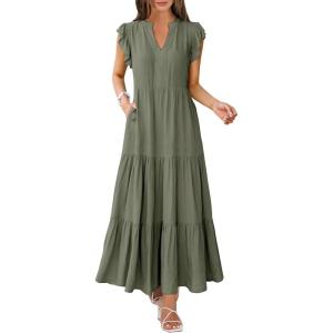imageANRABESS Womens Summer Casual Maxi Dress V Neck Ruffle Sleeve Long Dresses Fashion Flowy Tiered Boho Beach Vacation SundressOlive