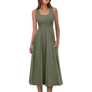 imageANRABESS Womens Summer Casual Sleeveless Midi Dresses Scoop Neck Fit ampamp Flare ALine Flowy Long Sundress Beach OutfitsArmy Green