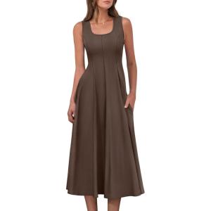 imageANRABESS Womens Summer Casual Sleeveless Midi Dresses Scoop Neck Fit ampamp Flare ALine Flowy Long Sundress Beach OutfitsBrown