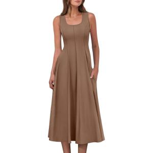 imageANRABESS Womens Summer Casual Sleeveless Midi Dresses Scoop Neck Fit ampamp Flare ALine Flowy Long Sundress Beach OutfitsLight Brown