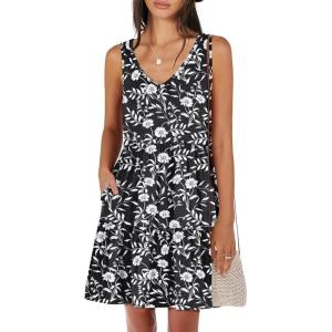 imageANRABESS Womens Summer Casual Tank Dress Sleeveless V Neck T Shirt Sundress Flowy Tiered Swing Mini Beach Vacation DressesBlack White Floral