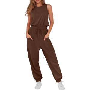 imageANRABESS Womens Summer Jumpsuits Dressy Casual One Piece Outfits Sleeveless Crewneck Rompers Jumper with Pockets 2025 TrendyBrown