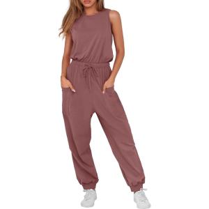 imageANRABESS Womens Summer Jumpsuits Dressy Casual One Piece Outfits Sleeveless Crewneck Rompers Jumper with Pockets 2025 TrendyDusty Rust