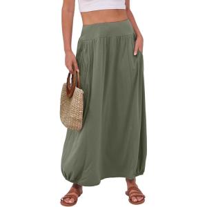 imageANRABESS Womens Summer Long Maxi Skirts 2025 Trendy Ankle Length High Waisted Boho Flowy Beach Skirt with Pockets FashionOlive Green