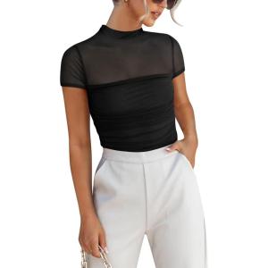 imageANRABESS Womens Summer Sexy Mock Turtle Neck Short Sleeve Tops Sheer Mesh Shirts Slim Blouse Trendy Ruched Going Out OutfitsBlack