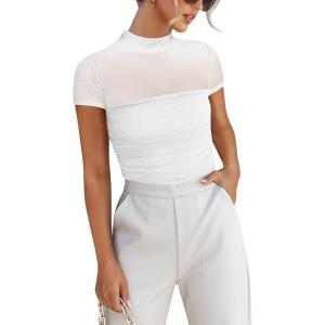 imageANRABESS Womens Summer Sexy Mock Turtle Neck Short Sleeve Tops Sheer Mesh Shirts Slim Blouse Trendy Ruched Going Out OutfitsWhite