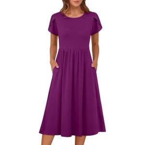 imageANRABESS Womens Summer Short Sleeve ALine Midi Dresses Casual Floral TShirt Dresses Flowy Beach Sundress with PocketsDark Purple
