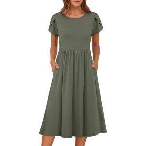 imageANRABESS Womens Summer Short Sleeve ALine Midi Dresses Casual Floral TShirt Dresses Flowy Beach Sundress with PocketsOlive