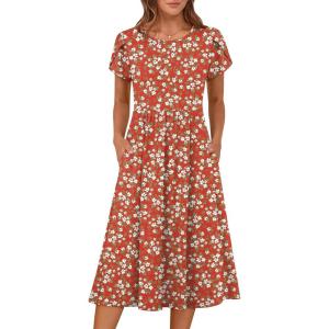imageANRABESS Womens Summer Short Sleeve ALine Midi Dresses Casual Floral TShirt Dresses Flowy Beach Sundress with PocketsPrint Green White Floral