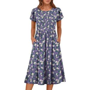 imageANRABESS Womens Summer Short Sleeve ALine Midi Dresses Casual Floral TShirt Dresses Flowy Beach Sundress with PocketsPurple