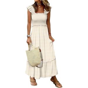 imageANRABESS Womens Summer Sleeveless Maxi Dress Square Neck Smocked Boho Casual Ruffle Strap Flowy ALine Long Beach SundressKhaki Plaid Beige