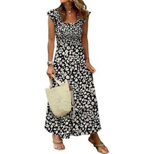 imageANRABESS Womens Summer Sleeveless Maxi Dress Square Neck Smocked Boho Casual Ruffle Strap Flowy ALine Long Beach SundressPrint Floral Black