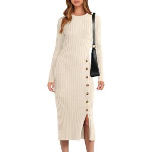 imageANRABESS Womens Sweater Dress Long Sleeve Crewneck Ribbed Knit Fitted Bodycon Botton Down Elegant Slit Midi Dresses Fall 2025Beige