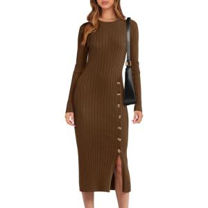 imageANRABESS Womens Sweater Dress Long Sleeve Crewneck Ribbed Knit Fitted Bodycon Botton Down Elegant Slit Midi Dresses Fall 2025Brown