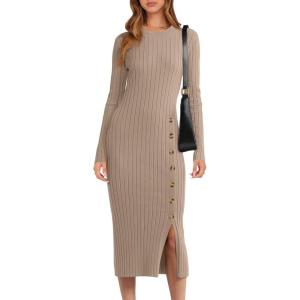 imageANRABESS Womens Sweater Dress Long Sleeve Crewneck Ribbed Knit Fitted Bodycon Botton Down Elegant Slit Midi Dresses Fall 2025Tan