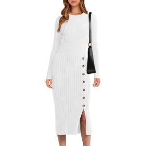 imageANRABESS Womens Sweater Dress Long Sleeve Crewneck Ribbed Knit Fitted Bodycon Botton Down Elegant Slit Midi Dresses Fall 2025White