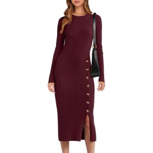 imageANRABESS Womens Sweater Dress Long Sleeve Crewneck Ribbed Knit Fitted Bodycon Botton Down Elegant Slit Midi Dresses Fall 2025Wine Red