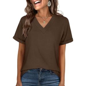 imageANRABESS Womens T Shirts Short Sleeve V Neck Shirts Summer Loose Fit Dressy Tops Business Casual Blouses 2025 Basic TeesBrown