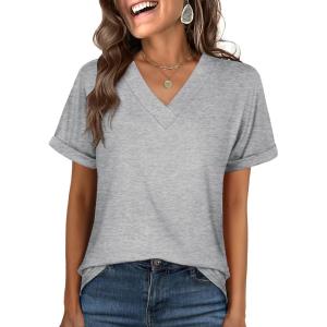 imageANRABESS Womens T Shirts Short Sleeve V Neck Shirts Summer Loose Fit Dressy Tops Business Casual Blouses 2025 Basic TeesLight Grey