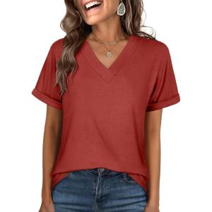 imageANRABESS Womens T Shirts Short Sleeve V Neck Shirts Summer Loose Fit Dressy Tops Business Casual Blouses 2025 Basic TeesRed